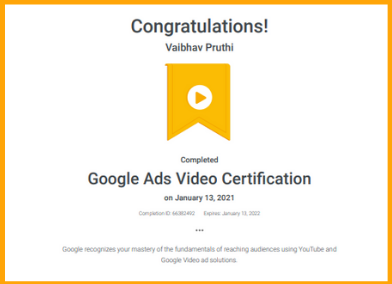 Google Video Ads Certificate in Yamuna Nagar Haryana